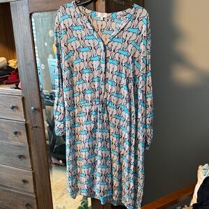 Crown & Ivy Blue and Black Geometric Elephant Long Sleeve Dress 20W Gently Used